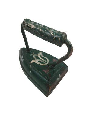 Sad Iron Cast Iron Hand Painted Flower Design Green Door Stop Primitive Decor